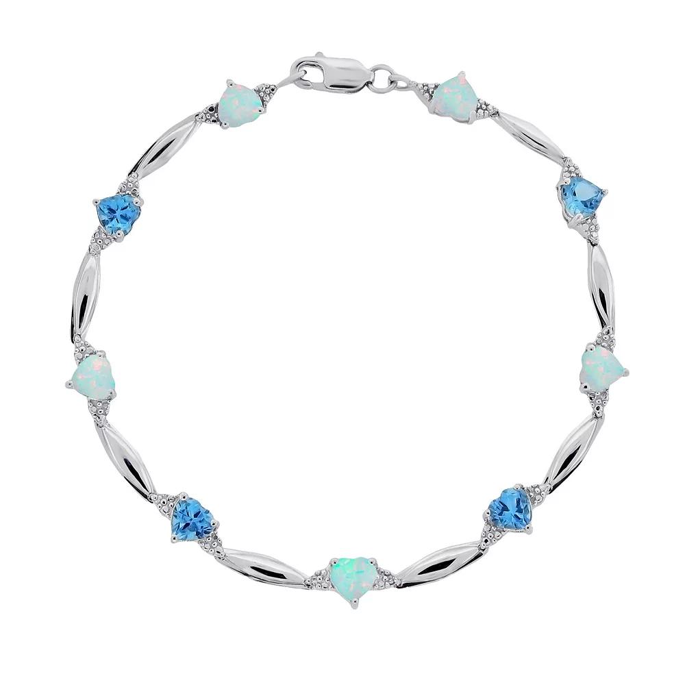 Gemminded Sterling Silver Blue Topaz, Lab-Created Opal and Diamond Accent Heart Bracelet, Women's, Size: 7.5" Product Image