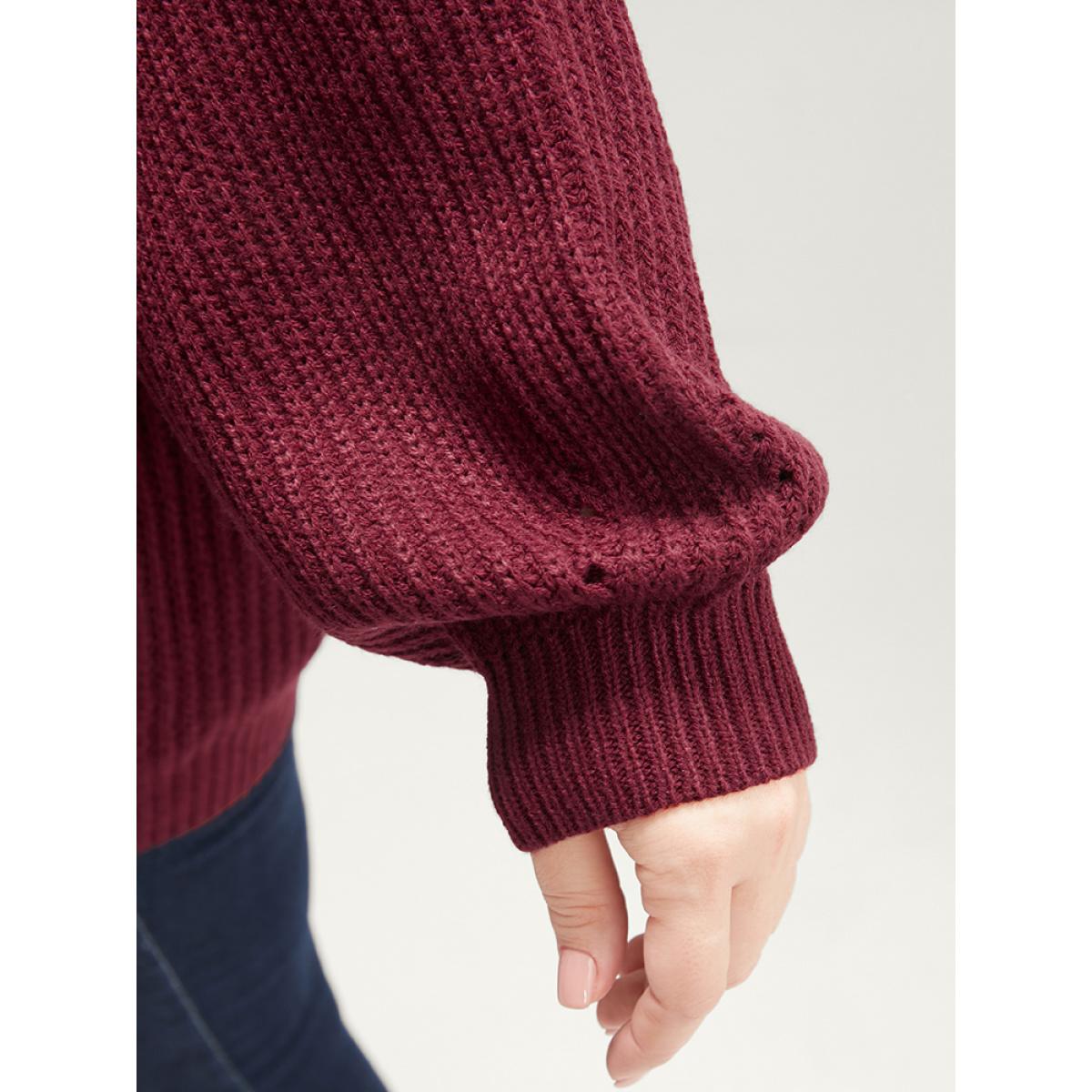 Plus Size Solid Pointelle Knit Cut Out Lantern Sleeve Knit Top Scarlet Women Elegant Loose Long Sleeve Round Neck Dailywear Pullovers BloomChic 22-24/3X Product Image