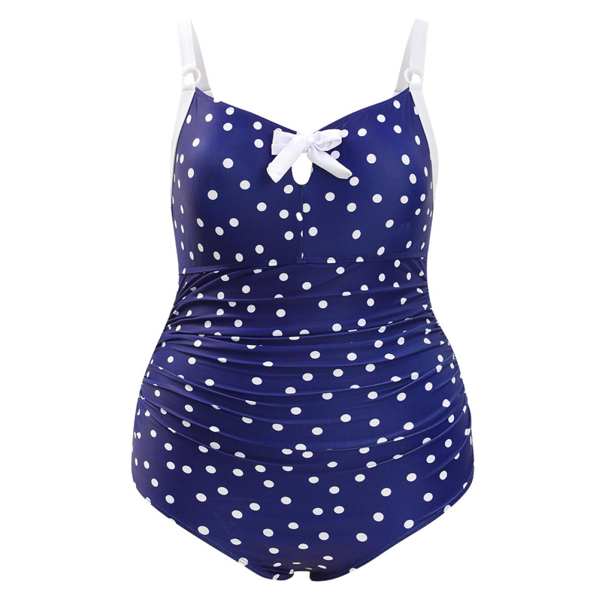 Plus Size Polka Dot Keyhole Knotted Front One Piece Swimsuit Women's Swimwear Indigo Vacation Adjustable Straps Curve Bathing Suits High stretch One Pieces BloomChic 18-20/2X Product Image