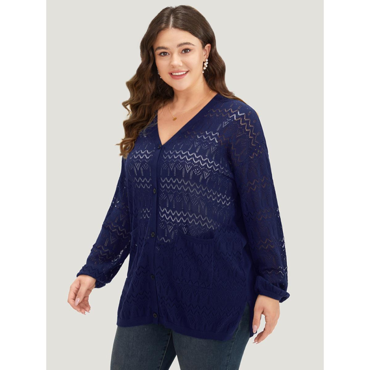 Plus Size Plain Pocket Hollow Out Button Through Cardigan Indigo Women Casual Long Sleeve Dailywear Cardigans BloomChic 30/6X Product Image