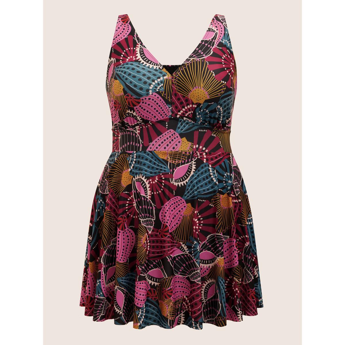 Plus Size V Neck Marine Elements Print Swim Dress Women's Swimwear Multicolor Beach Bodycon V-neck High stretch Curve Swim Dresses BloomChic 22-24/3X Product Image