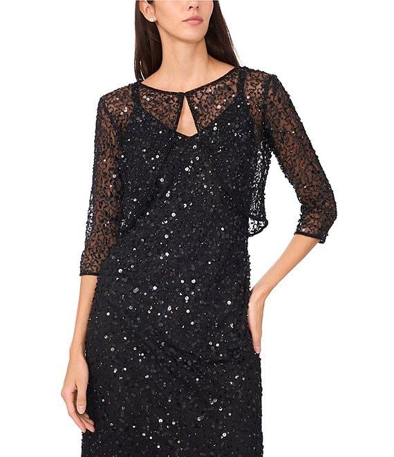 Pisarro Nights Beaded Mesh V-Neck 3/4 Sleeves A-Line 2-Piece Jacket Dress Product Image