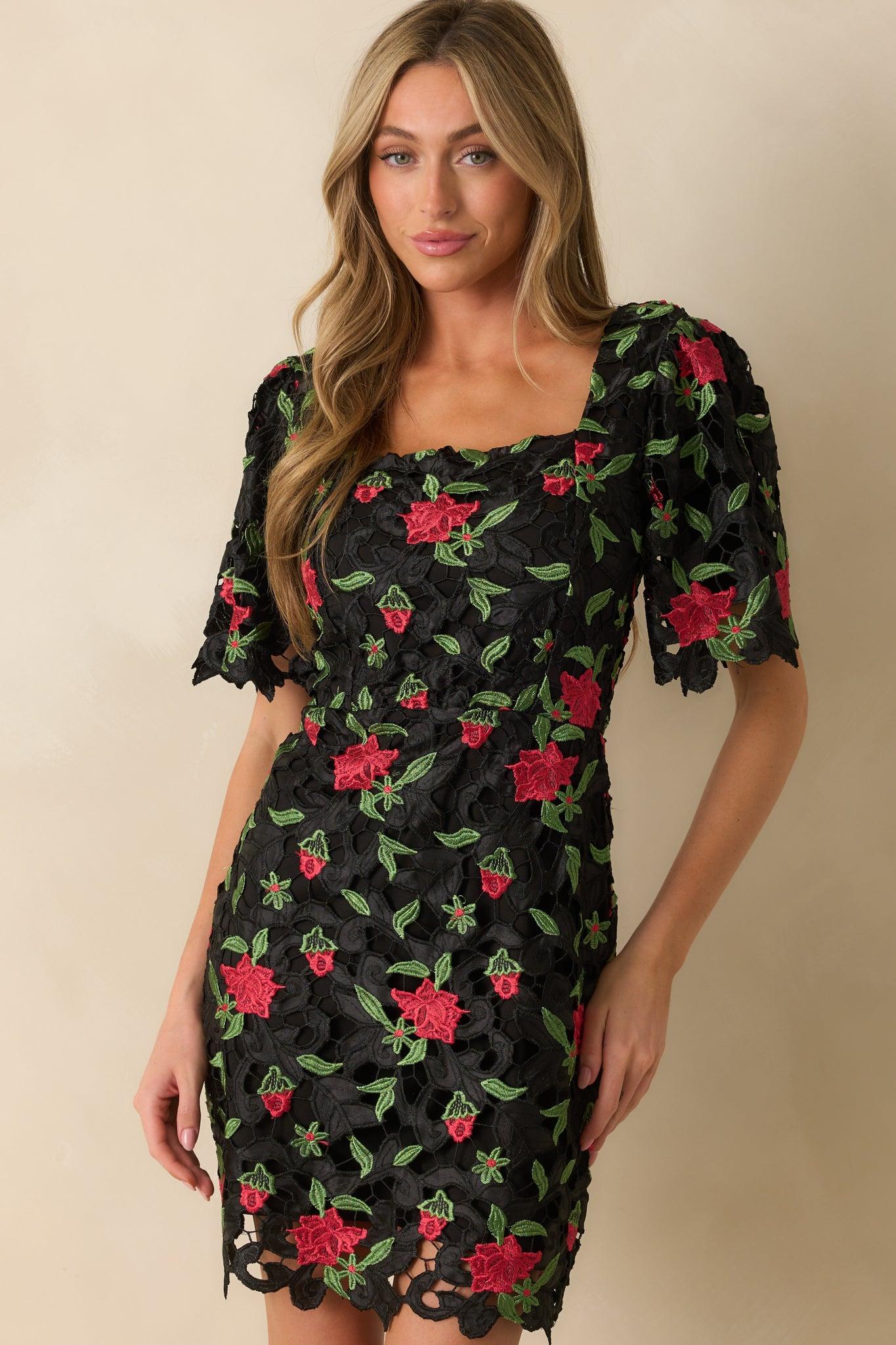 Rosebud Dreams Black Lace Embroidered Mini Dress L / Black Product Image