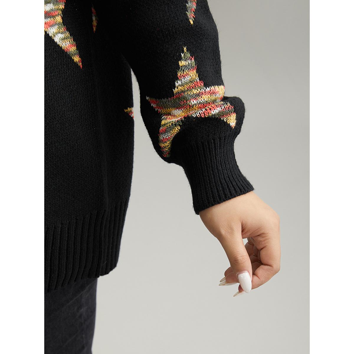 Plus Size Star Heather Elastic Cuffs Pullover Black Women Casual Loose Long Sleeve V-neck Dailywear Pullovers BloomChic 22-24/3X Product Image