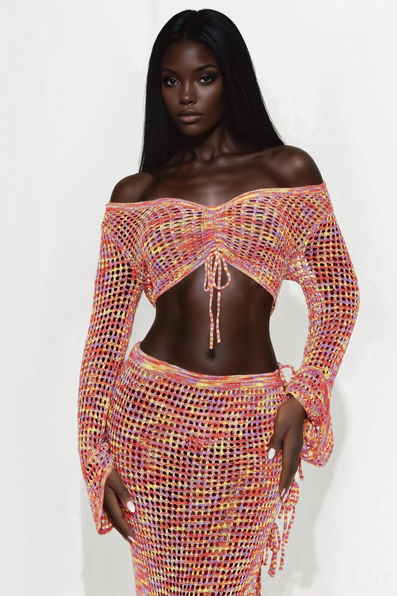 Riley Crochet Off Shoulder Maxi Skirt Set - Orange/combo Female Product Image