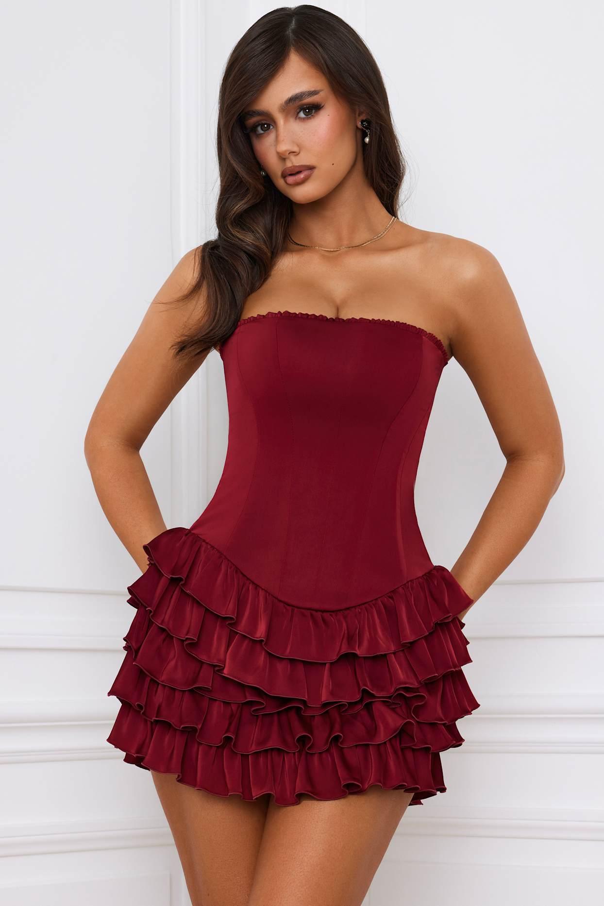 Bandeau Ruffled Tiered Corset Mini Dress in Berry Red Product Image