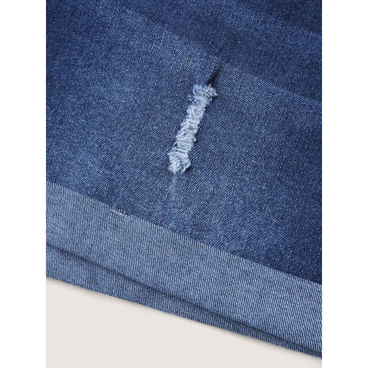 Plus Size Stretchy Ripped Skinny Fit Denim Shorts Women Darkindigo Distressed Medium stretch Casual Slanted pocket Leisure Denim Shorts BloomChic 14/1X Product Image