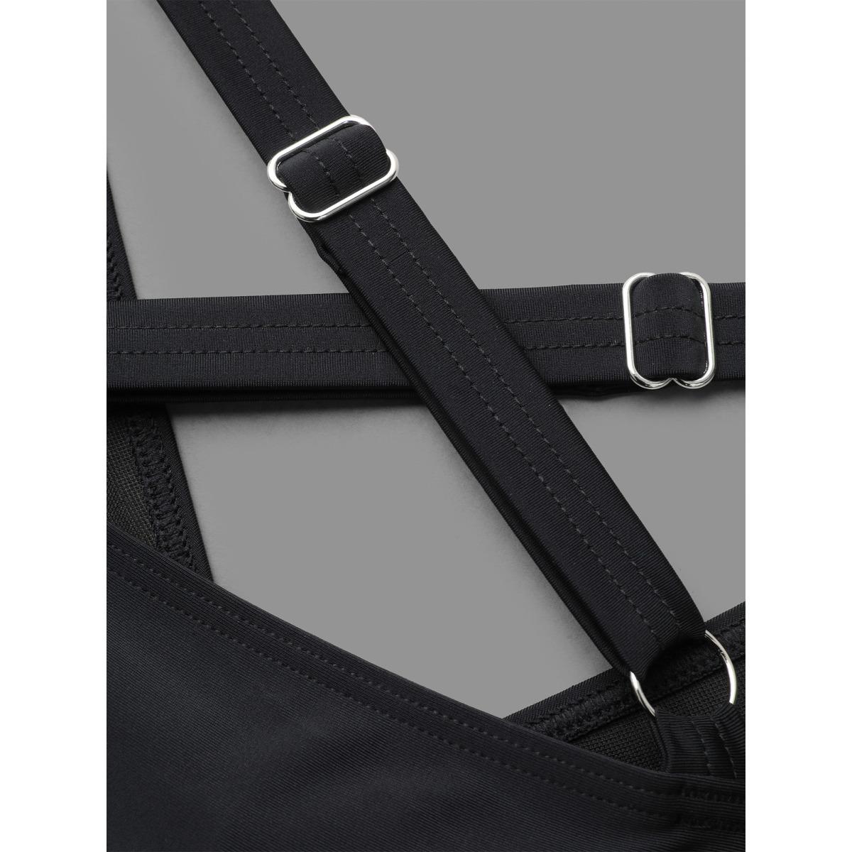 Plus Size Embroidered Ruffle Hem One-Piece Swimsuit Women's Swimwear Black Beach Bodycon Overlap Collar High stretch Curve Swim Dresses BloomChic 12/L Product Image