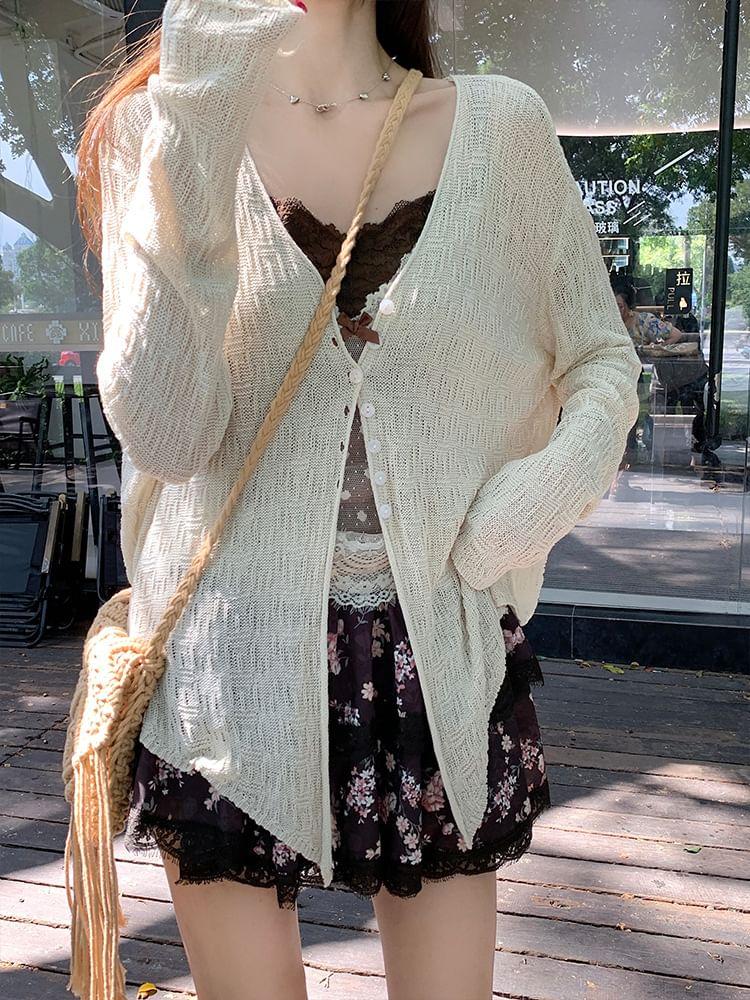 V-Neck Button-Up Plain Sheer Slit Cardigan Product Image