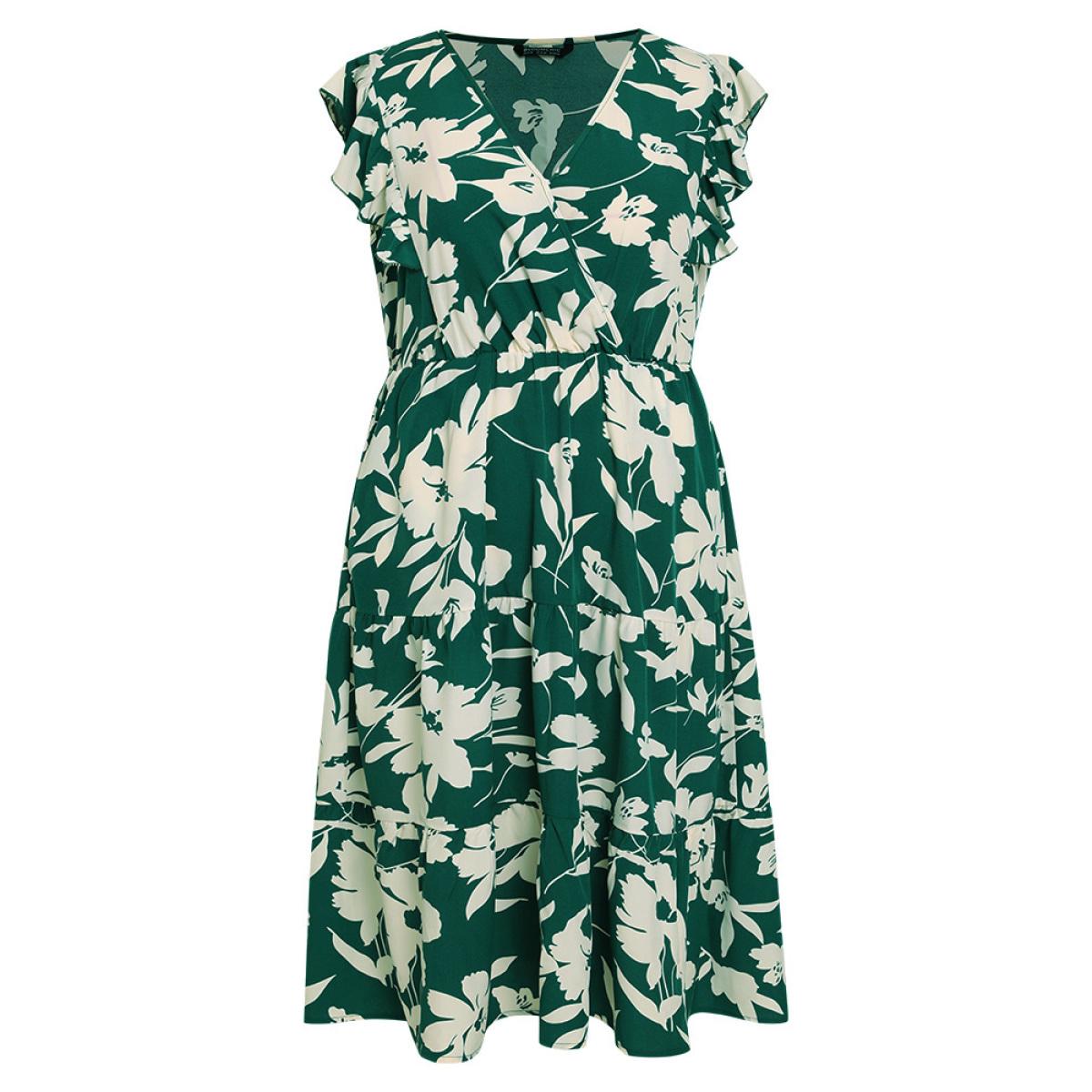 Plus Size Floral Ruffles Cap Sleeve Pocket Button Wrap Dress Green Women Elegant Gathered V-neck Sleeveless Curvy Midi Dress BloomChic 30/6X Product Image