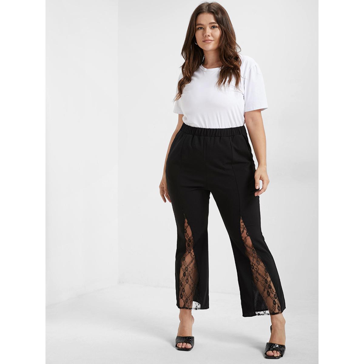Plus Size Solid Pocket Contrast Lace Panel Pants Women Black Glamour High Rise Going out Pants BloomChic 14/1X Product Image