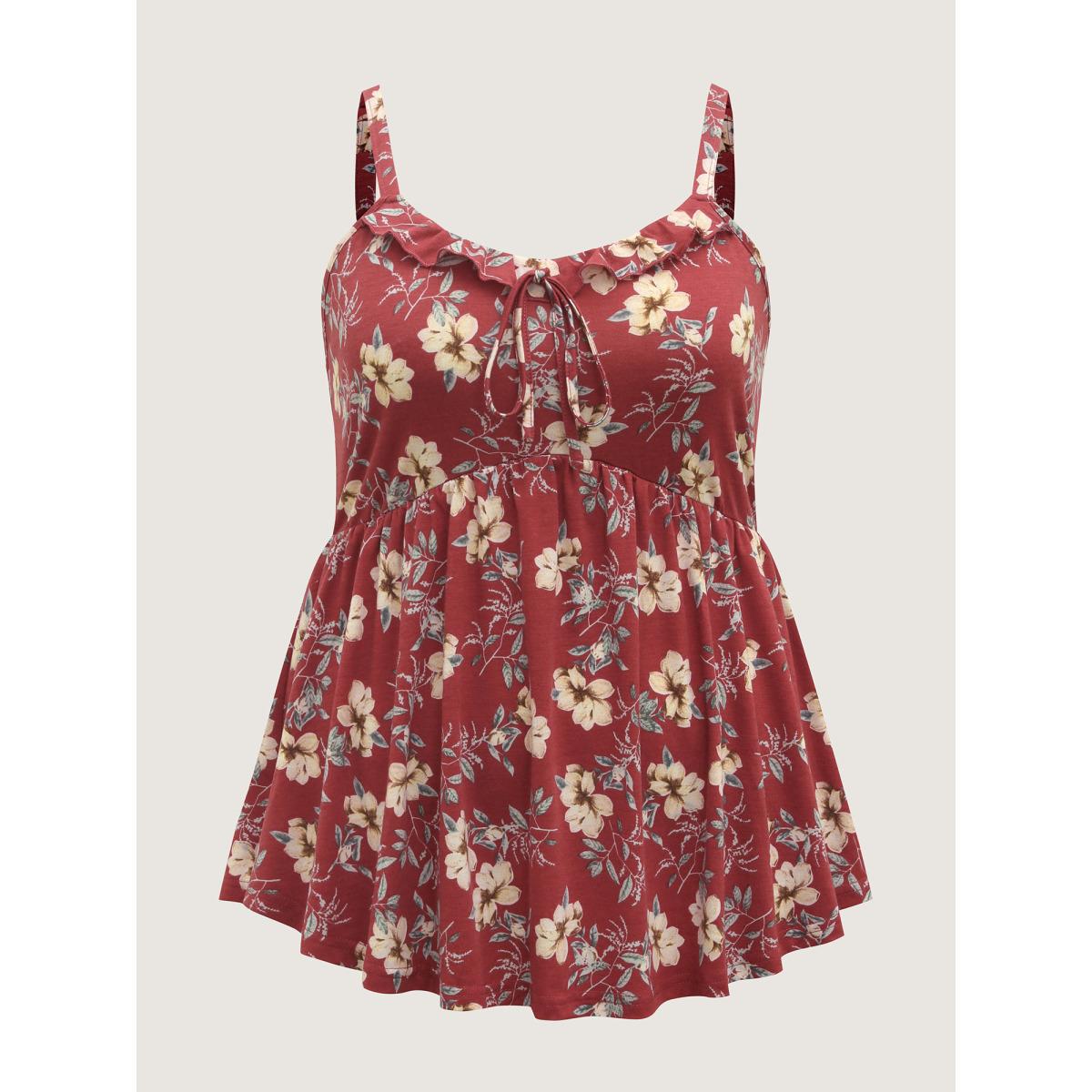 Plus Size Fall Florals Ruffled Neck-Tie Tank Top Women OrangeRed Leisure V-neck Casual Tank Tops Camis BloomChic 18-20/2X Product Image