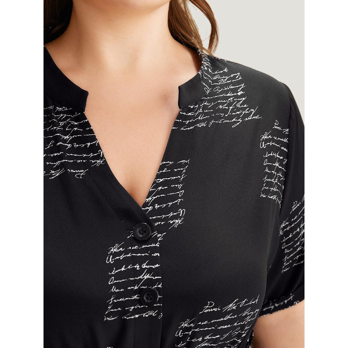 Plus Size Letter Print Notched Belted Arc Hem Dress Black Women Office Belted Mock Neck Short sleeve Curvy Midi Dress BloomChic 30/6X Product Image
