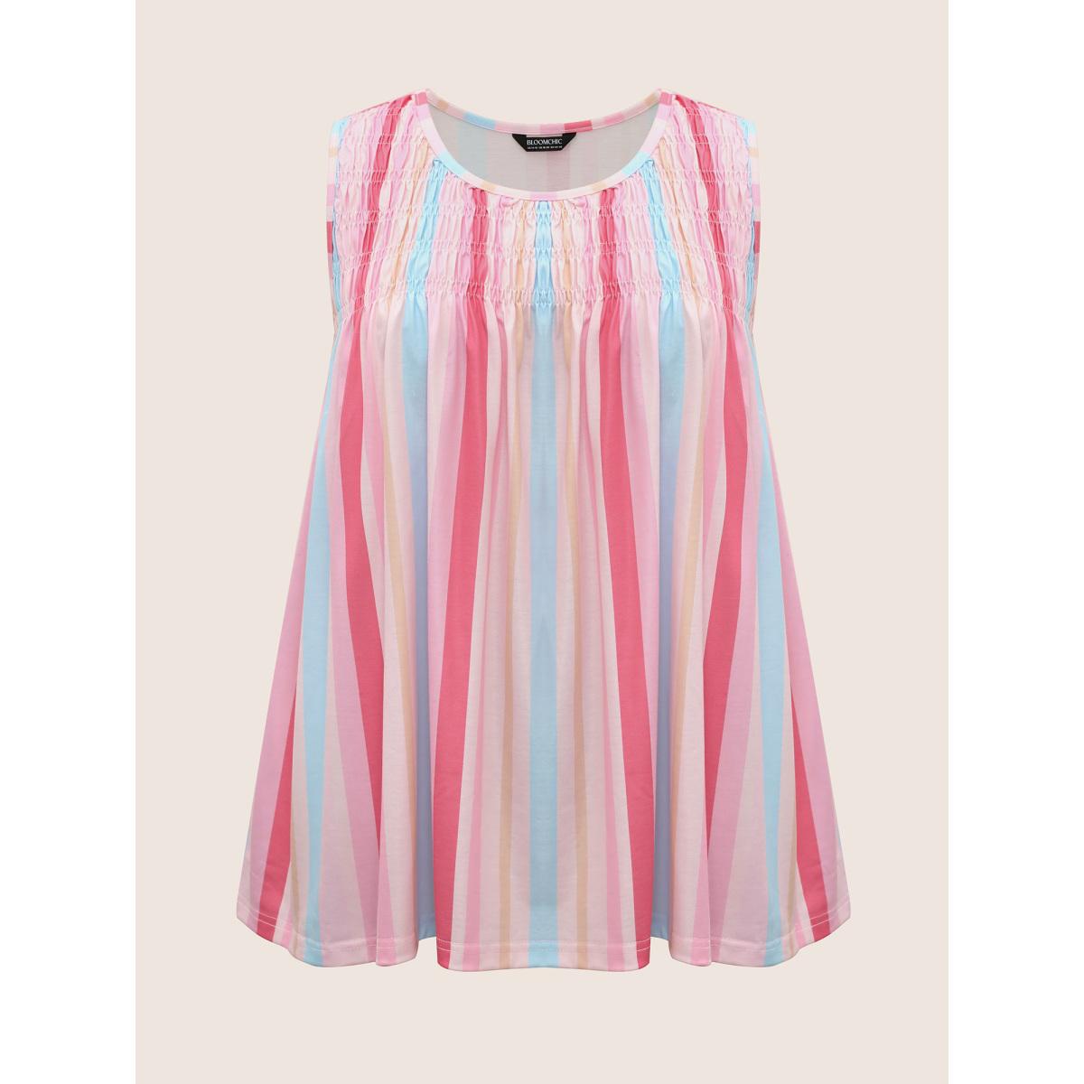 Plus Size Crew Neck Colored Striped Shirred Tank Top Women Multicolor Casual Gathered Round Neck Everyday Tank Tops Camis BloomChic 14-16/1X Product Image
