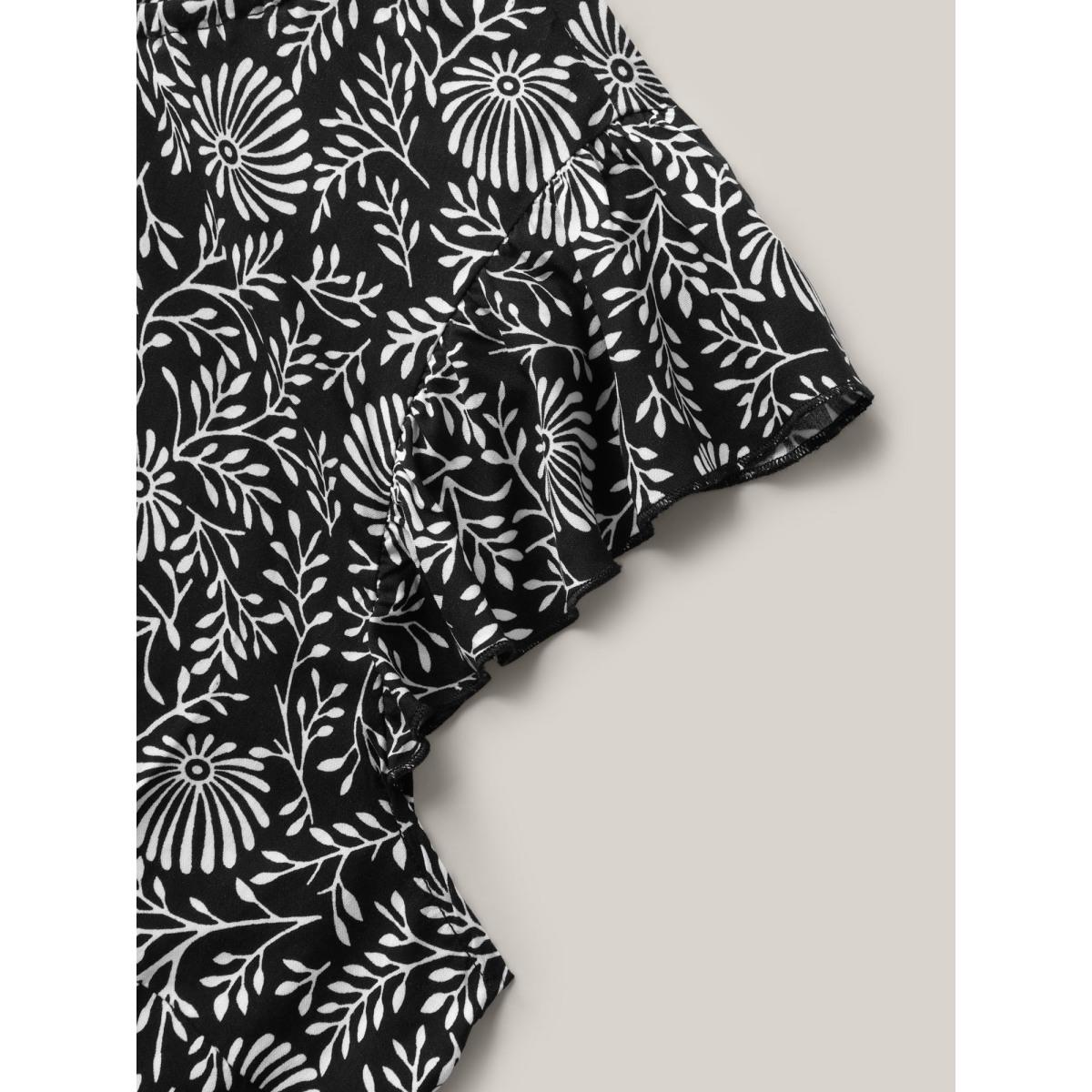 Plus Size Black Floral Print Ruffled Neck Blouse Women Cap Sleeve Mock Neck Vacation Blouses BloomChic 12/L Product Image