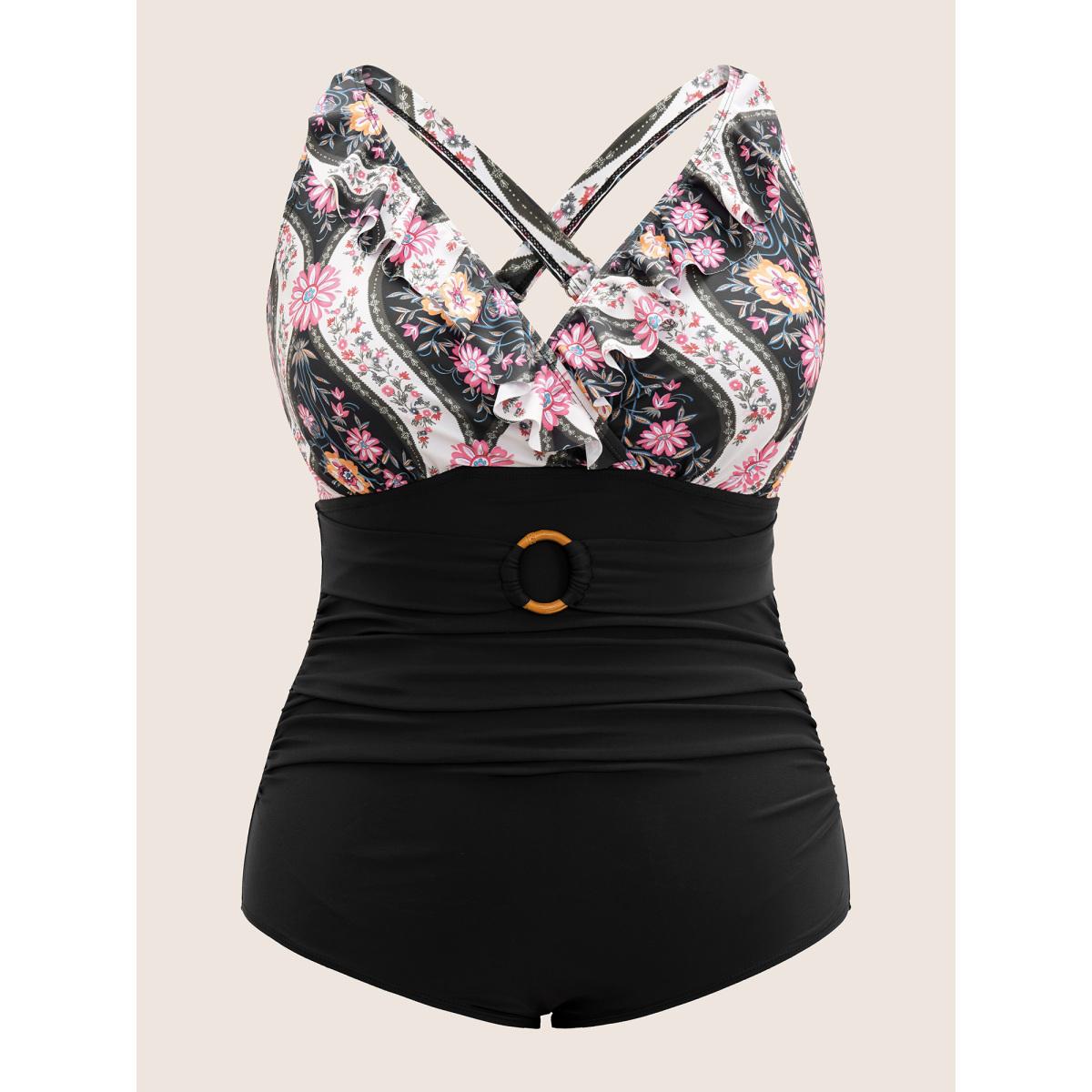 Plus Size Floral Flutters Buckle Detail One Piece Swimsuit Women's Swimwear Black Beach Non Curve Bathing Suits High stretch One Pieces BloomChic 22-24/3X Product Image