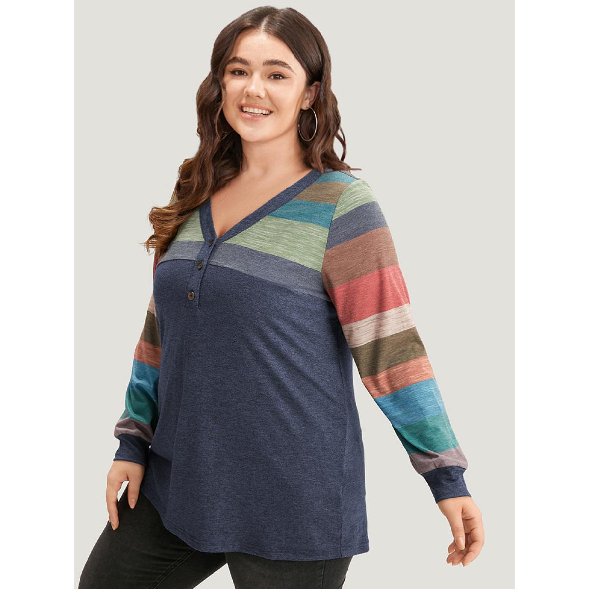 Plus Size Colorblock Contrast V Neck Button Up T-shirt Blue Women Casual Elastic cuffs Striped V-neck Everyday T-shirts BloomChic 30/6X Product Image