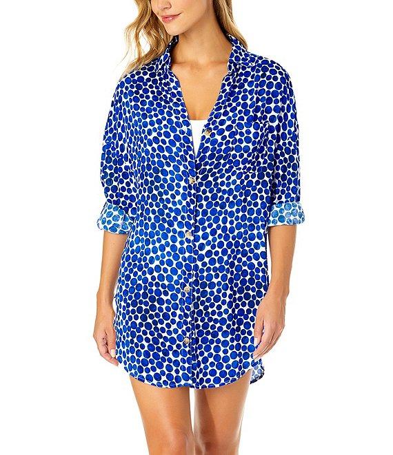 Anne Cole Denim Dotted Boyfriend Point Collar Button Front Swim Cover-Up Shirt Product Image