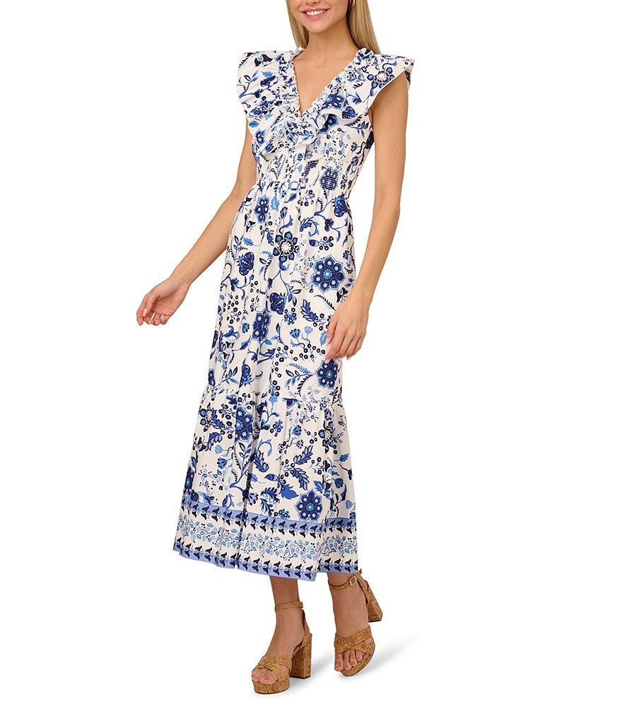 Adrianna by Adrianna Papell Cotton Floral Print V-Neck Cap Sleeve Fit and Flare Maxi Dress Product Image