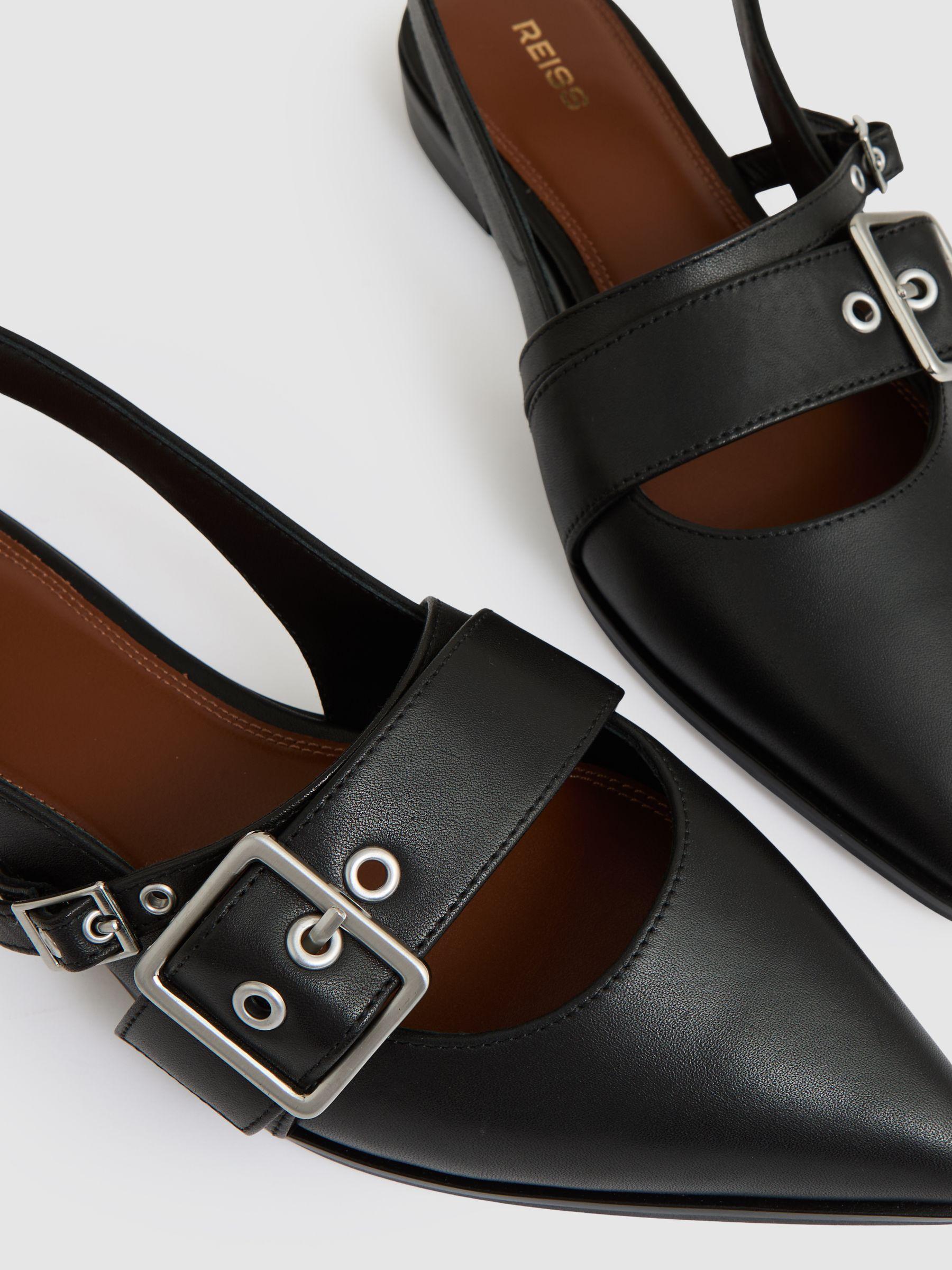 Leather Buckle-Strap Flat Mules in Black Product Image