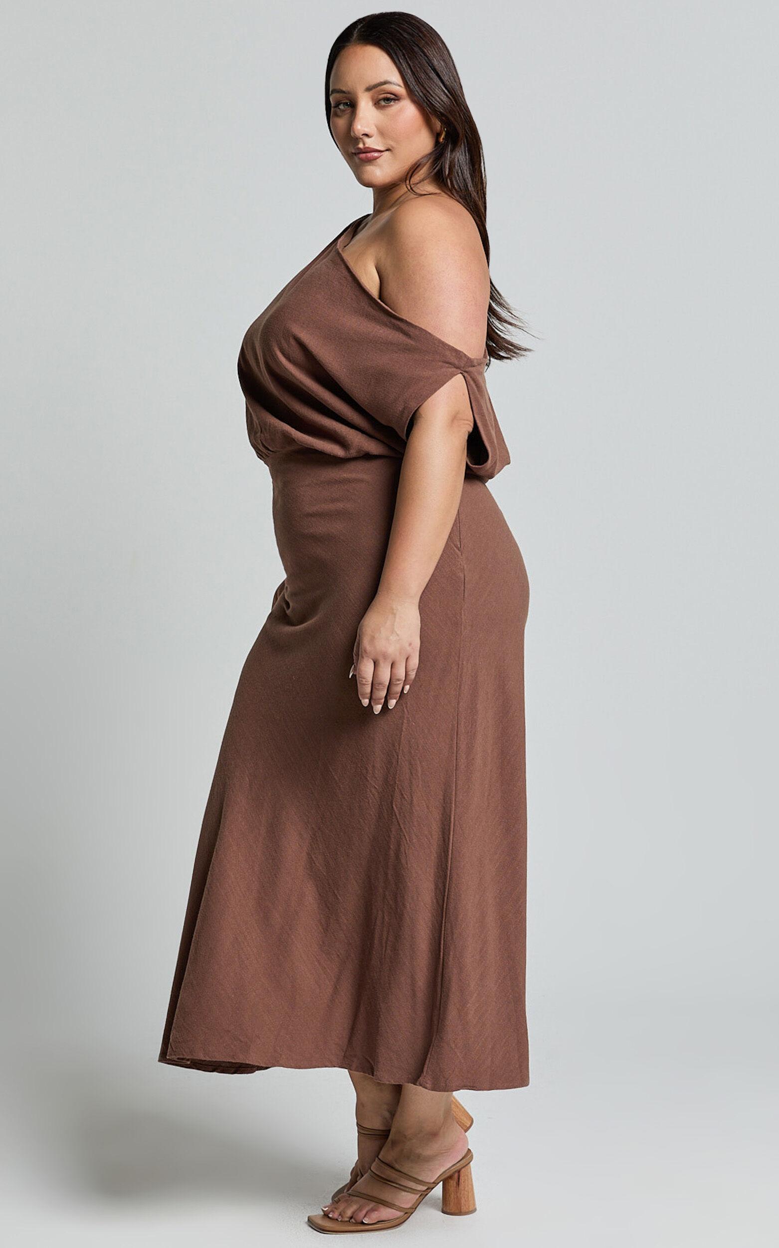 Jacqueline Midi Dress - Linen One Shoulder Dress in Chocolate Product Image