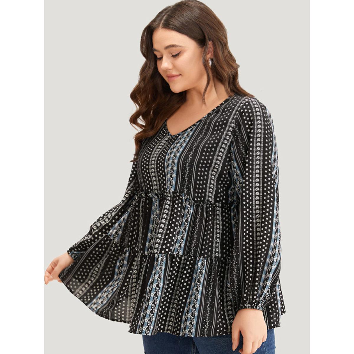 Plus Size BlackFlower Boho Print Frill Trim Ruffle Layered Hem Blouse Women Vacation Long Sleeve V-neck Vacation Blouses BloomChic 22-24/3X Product Image