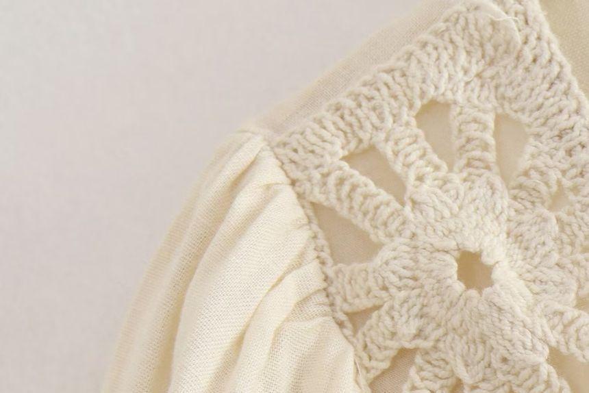 Long-Sleeve V-Neck Crochet Panel Wide Leg Romper Product Image