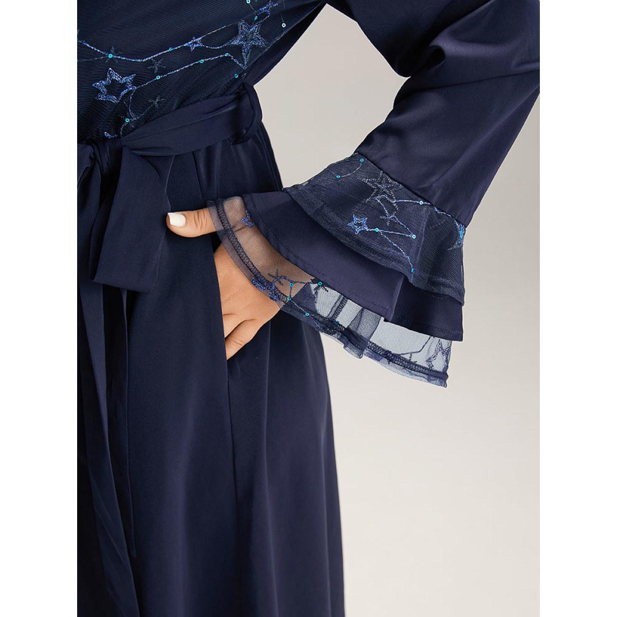 Plus Size Star Sequin Mesh Layered Sleeve Dress DarkBlue Women Party Belted Round Neck Long Sleeve Curvy Midi Dress BloomChic 10/M Product Image