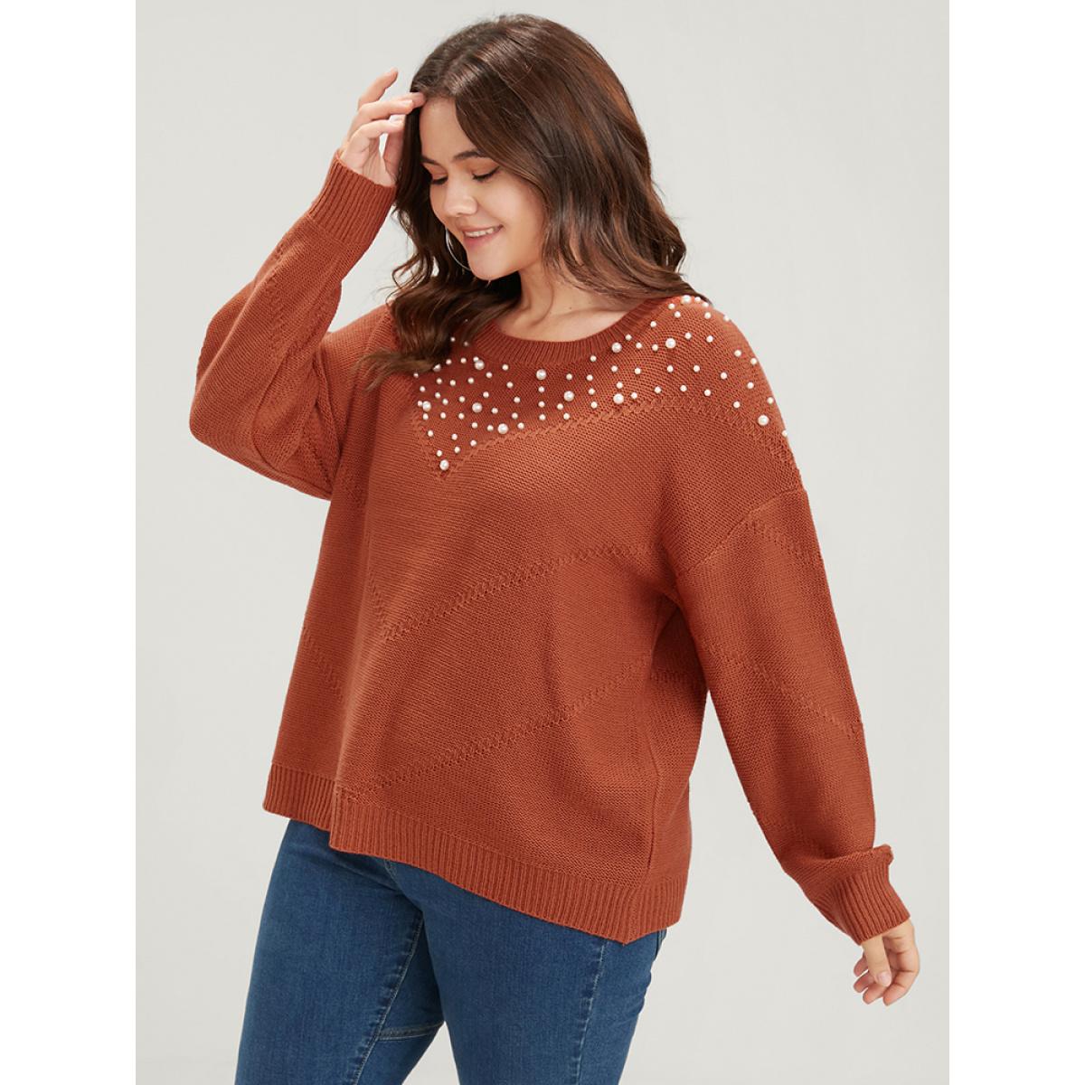 Plus Size Solid Pointelle Knit Pearls Beaded Knit Top Rust Women Casual Loose Long Sleeve Round Neck Dailywear Pullovers BloomChic 14-16/1X Product Image