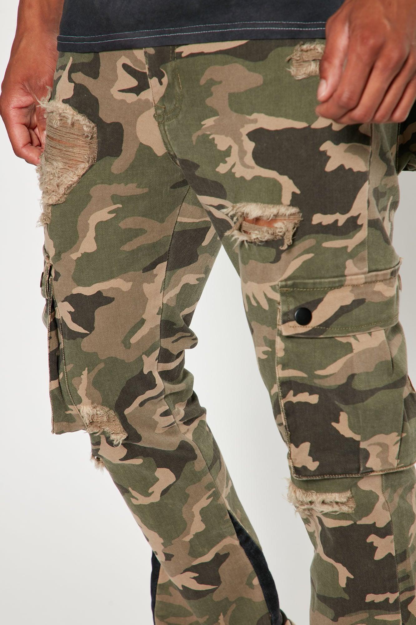 Contrast Skinny Stacked Flared Cargo Pants - Camouflage Product Image