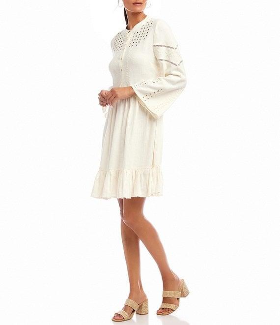 Karen Kane Linen Blend Flare Sleeve Embroidered Tiered Dress Product Image