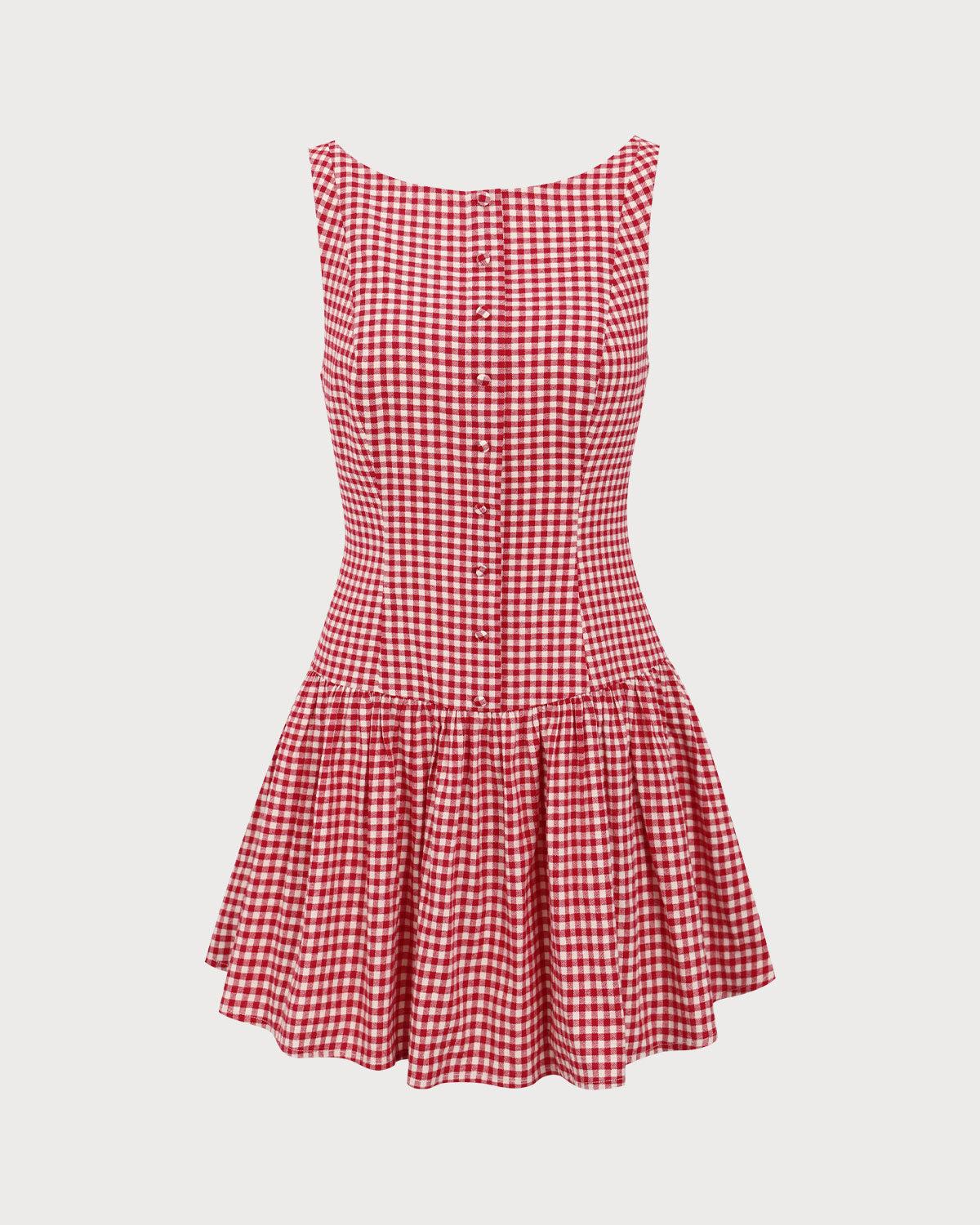 Red Plaid Boat Neck Mini Dress Product Image