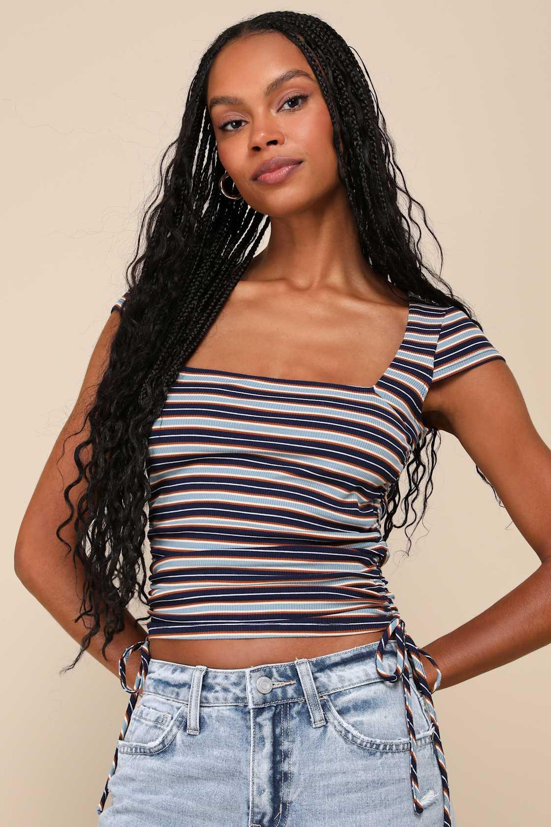 Sweet Intentions Blue Multi Striped Ruched Cap Sleeve Top Product Image