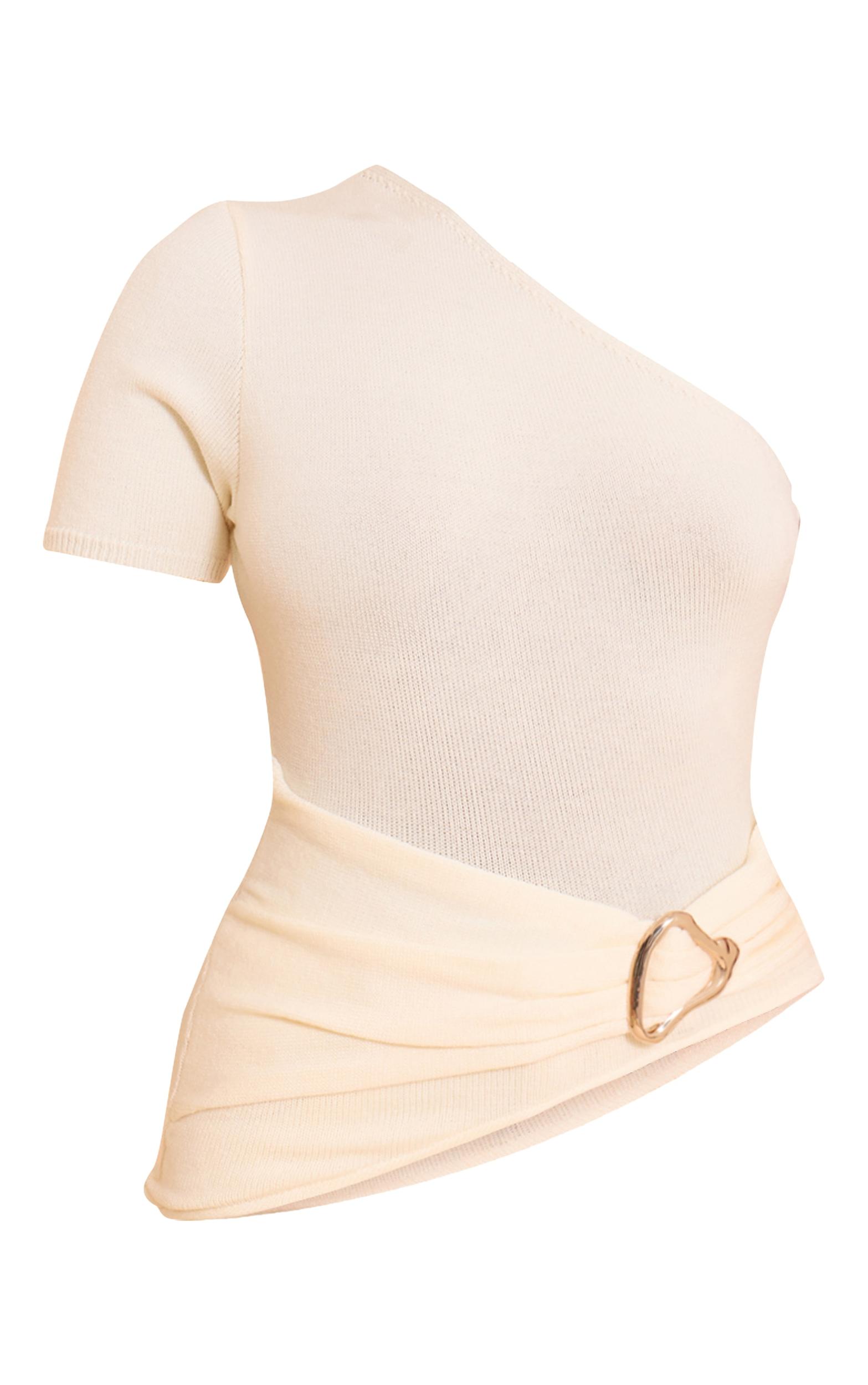 Cream One Shoulder Asymmetric Trim Detail Knit Top Product Image