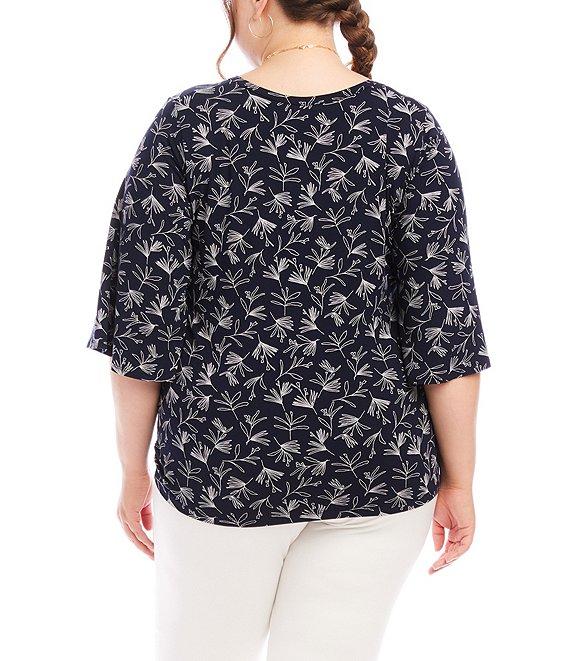 Karen Kane Plus Size Floral Crew Neck 3/4 Flare Sleeve Pick-Up Top Product Image