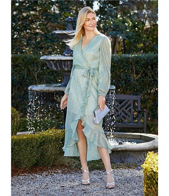Kensie Metallic Faux Wrap Long Sleeve Crinkle Knit Sheer Overlay Surplice V-Neck Ruffle Hem Midi Dress Product Image