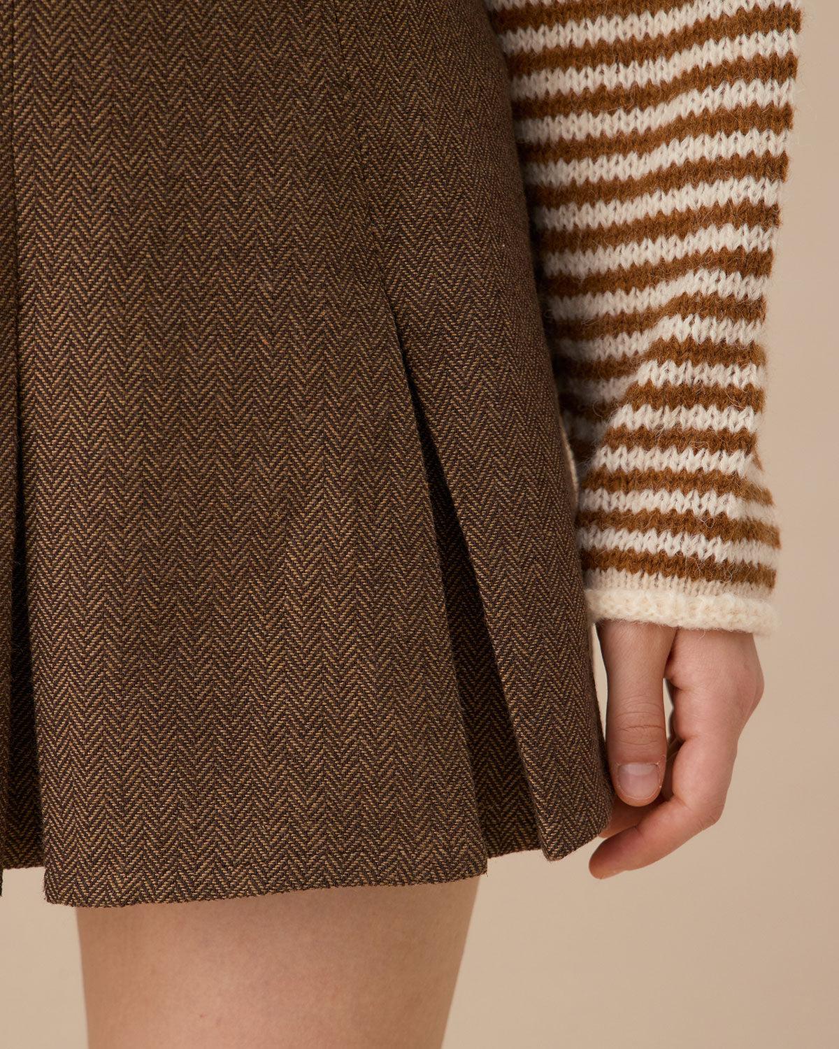 Brown Striped Pleated Mini Skirt Product Image