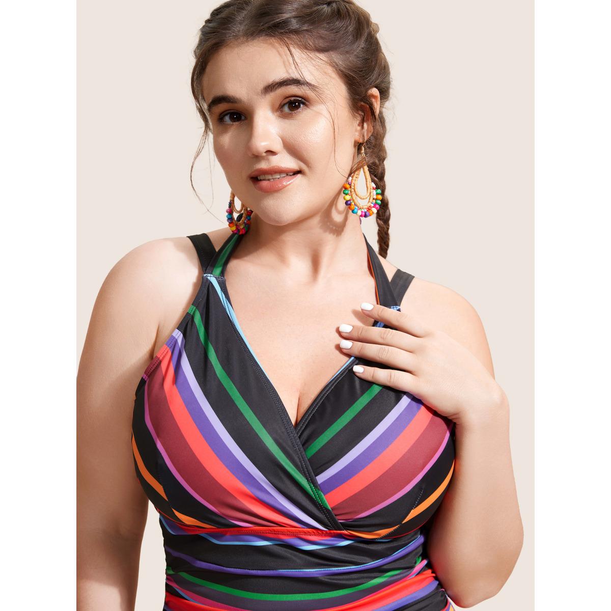 Plus Size Contrast Striped Tie Knot One Piece Swimsuit Women's Swimwear Multicolor Beach Tie knot Curve Bathing Suits High stretch One Pieces BloomChic 28/5X Product Image