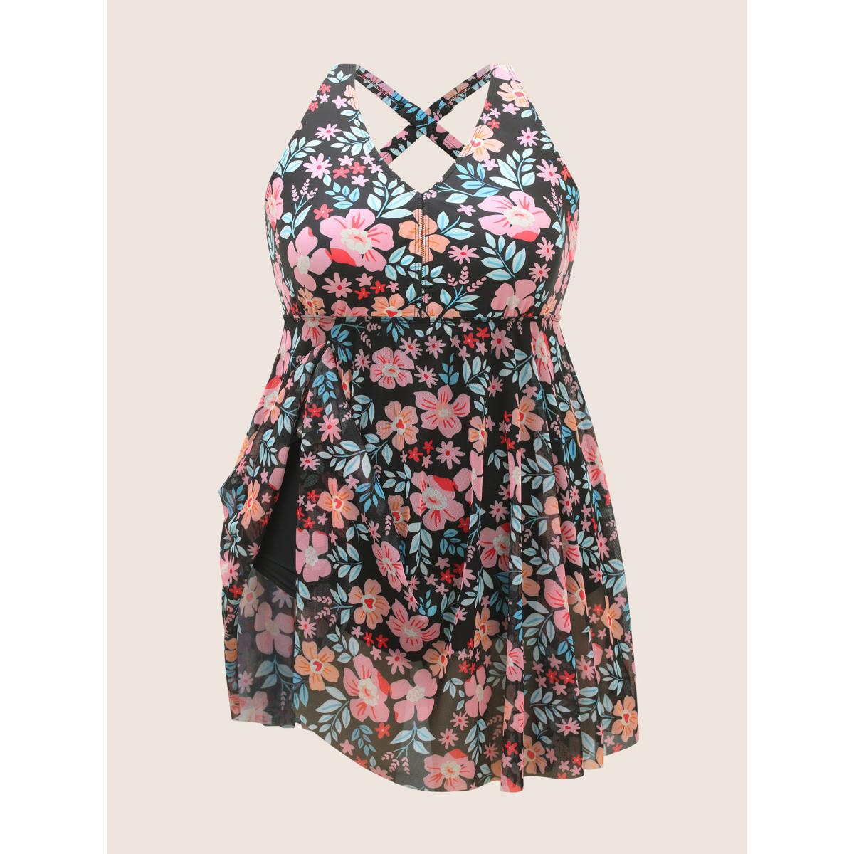 Plus Size V Neck Natural Flowers Mesh Swim Dress Women's Swimwear Multicolor Beach Bodycon V-neck High stretch Curve Swim Dresses BloomChic 14-16/1X Product Image