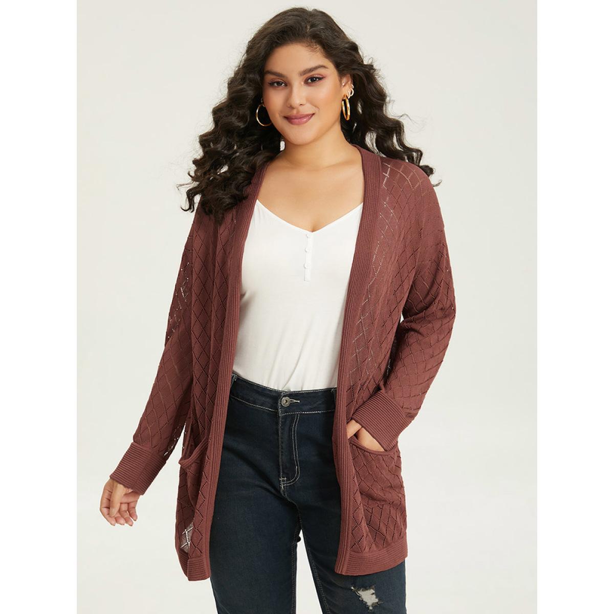 Plus Size Plain Geometric Hollow Out Pocket Cardigan Rust Women Casual Loose Long Sleeve Everyday Cardigans BloomChic 28/5X Product Image