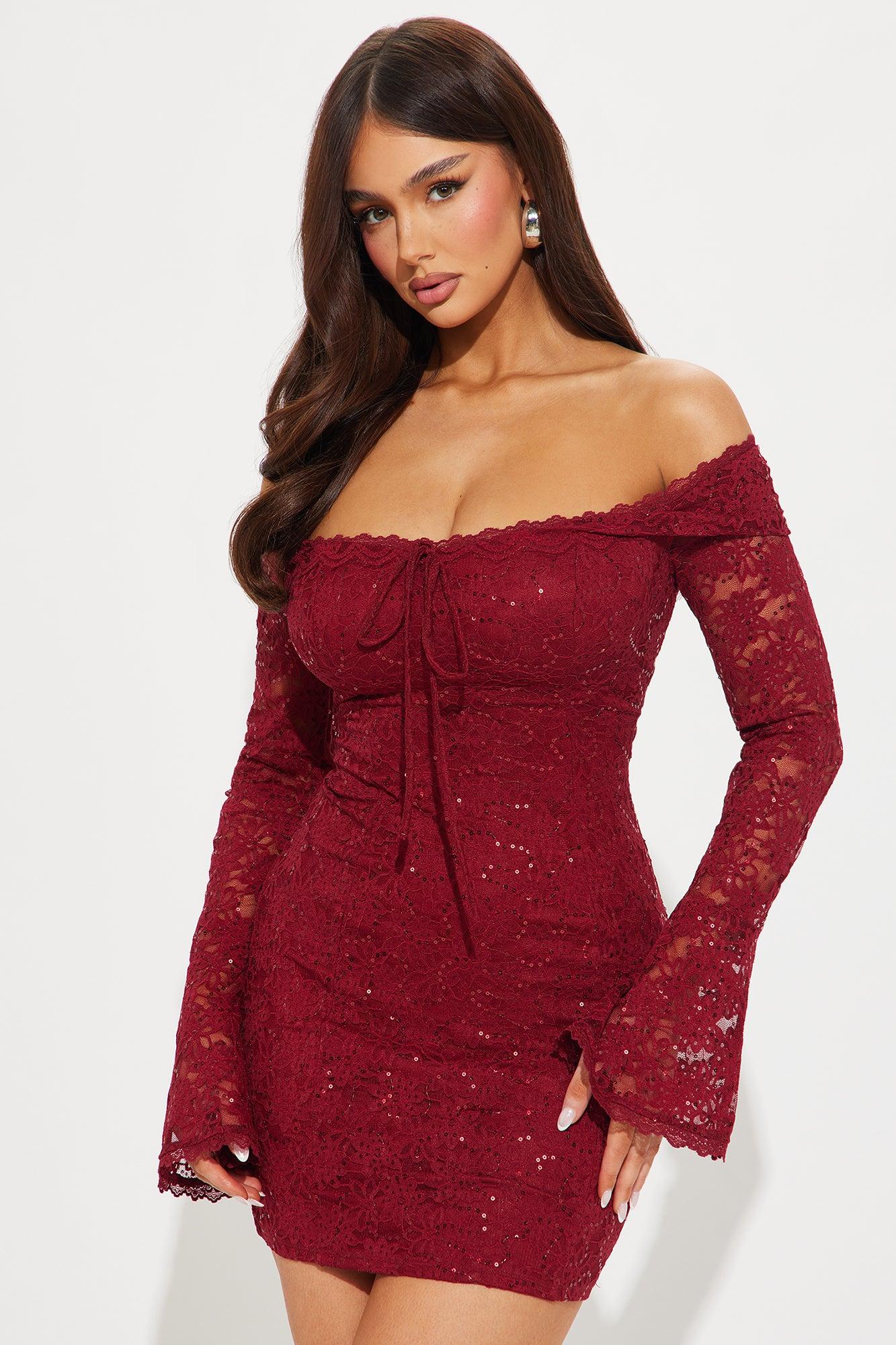 Samiah Sequin Lace Mini Dress - Red Product Image