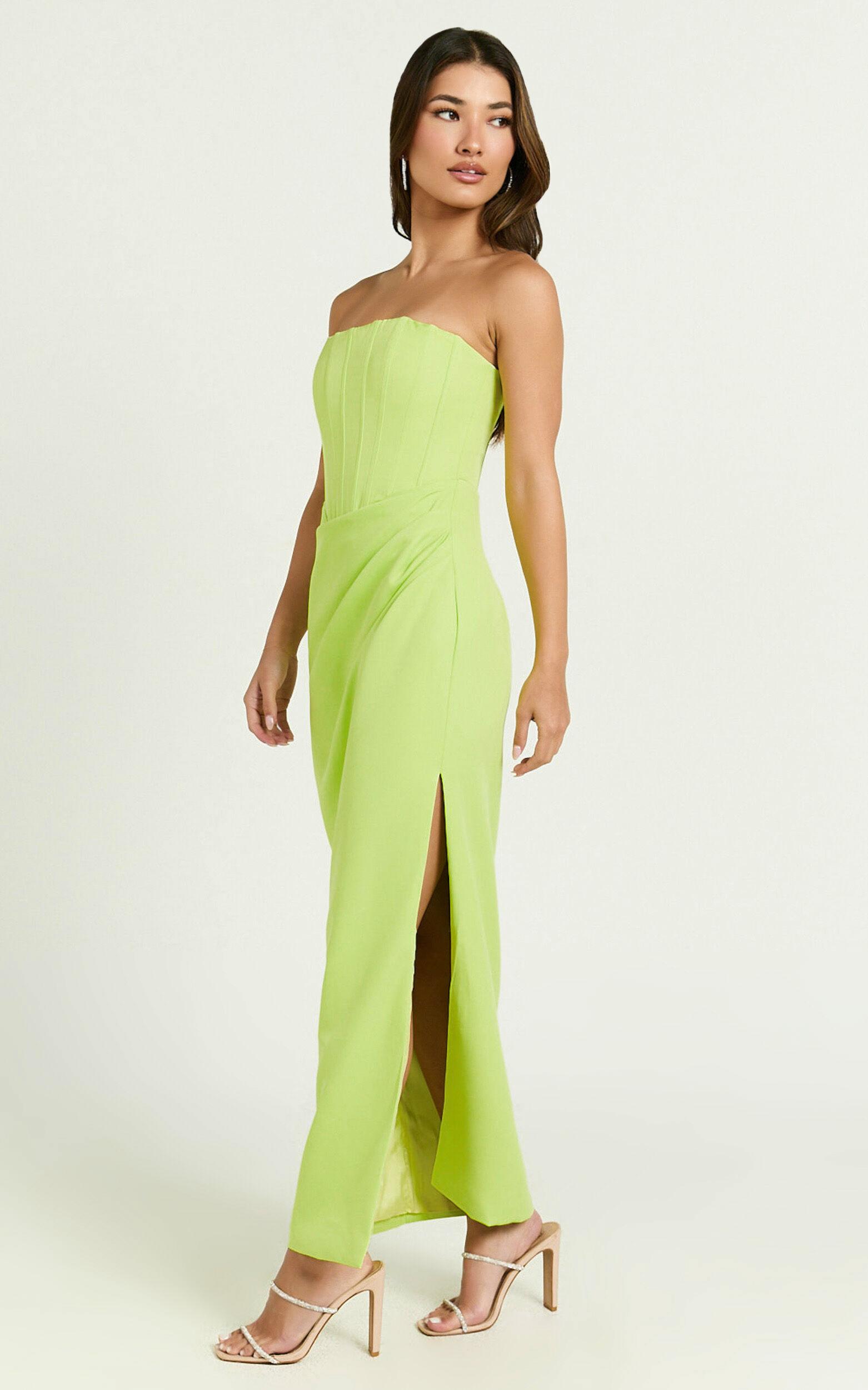Avery Midi Dress - Strapless Draped Side Split Dress in Lime Product Image