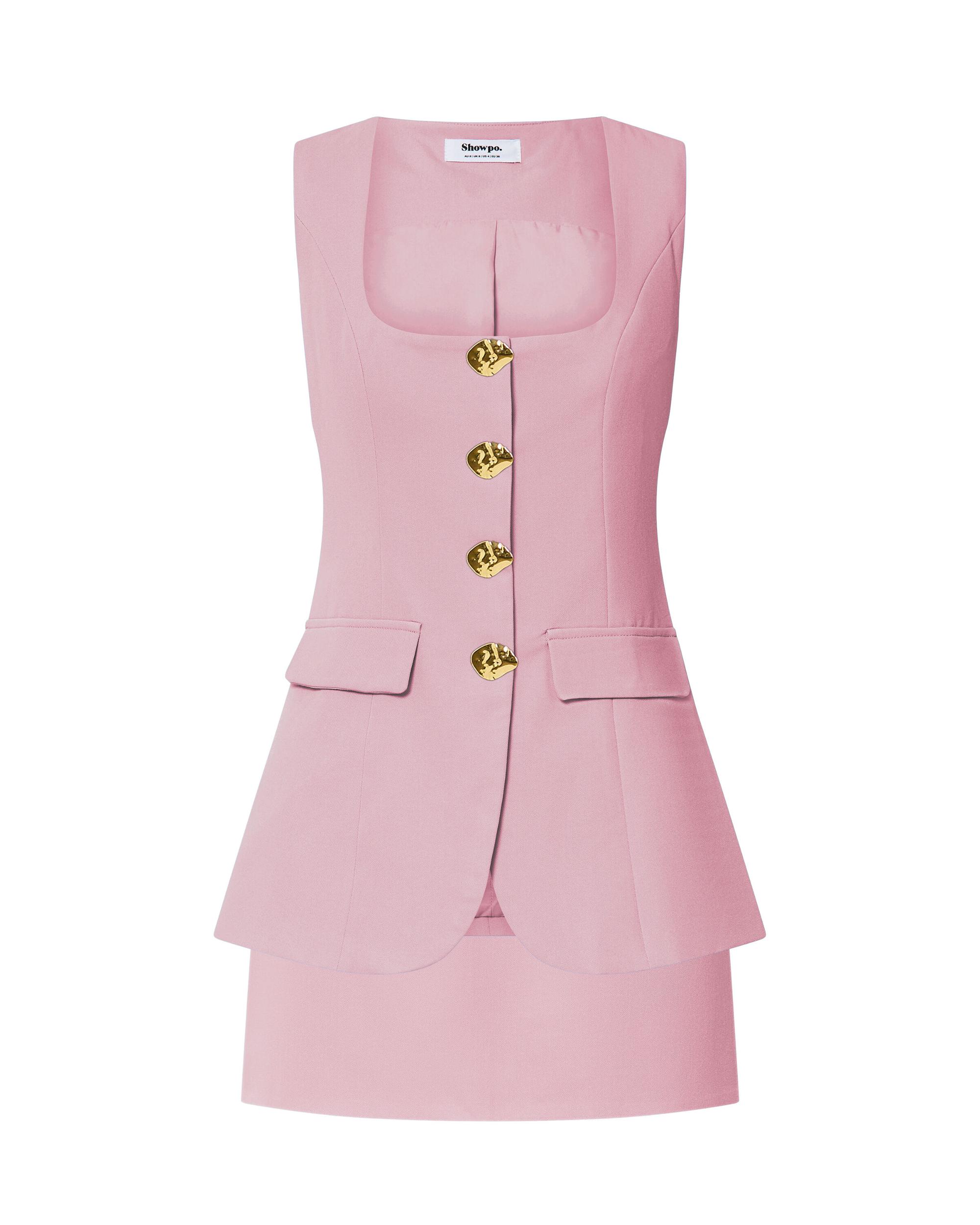 Phyllis Two Piece Set - Tailored Scoop Neck Vest Top and A Line Mini Skirt Set with Gold Buttons in Pink Product Image