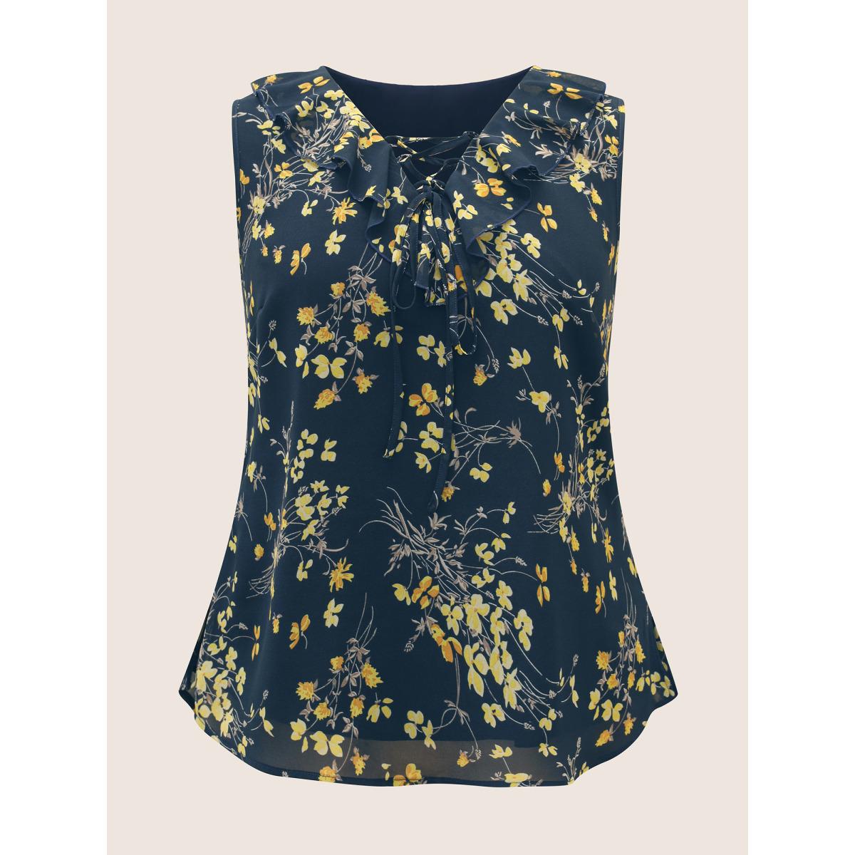 Plus Size Floral Print Ruffle Trim Lace Up Tank Top Women DarkBlue Elegant Tie knot Lace collar Everyday Tank Tops Camis BloomChic 12/L Product Image