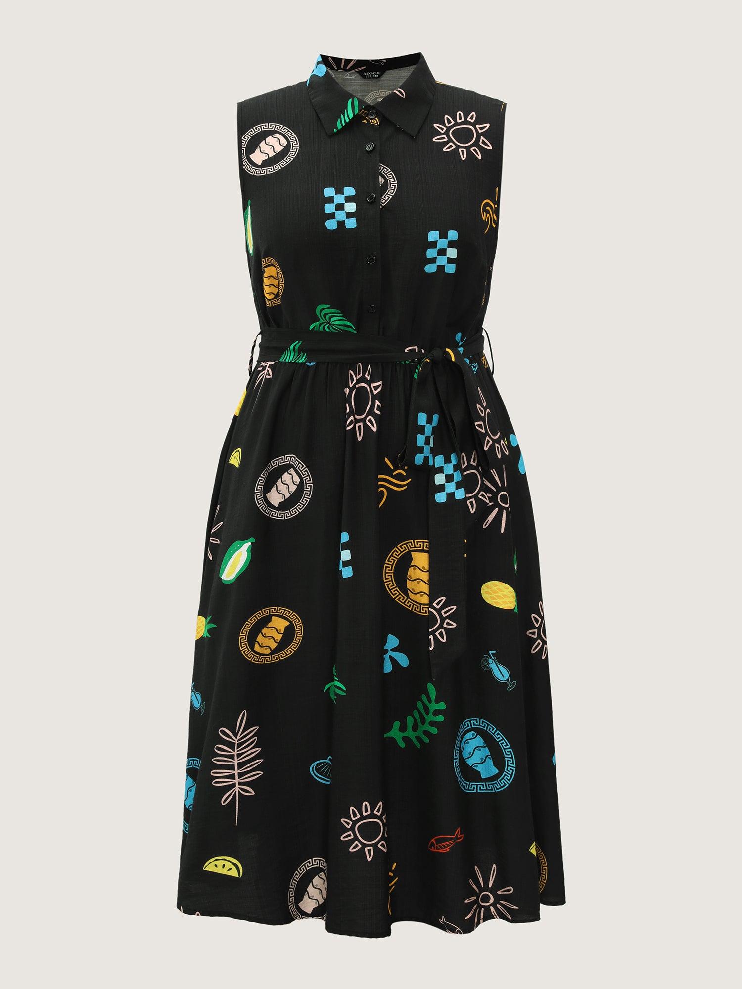 Sunshine Pineapples Collar Sleeveless Midi Dress Female Product Image