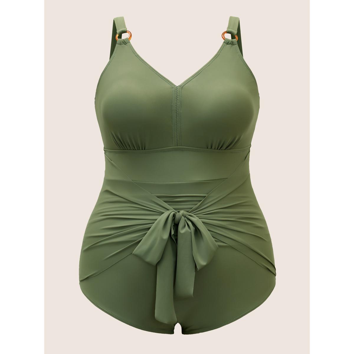 Plus Size Solid Buckle Detail Tie Knot One Piece Swimsuit Women's Swimwear Palemauve Beach Tie knot Curve Bathing Suits High stretch One Pieces BloomChic 10/M Product Image