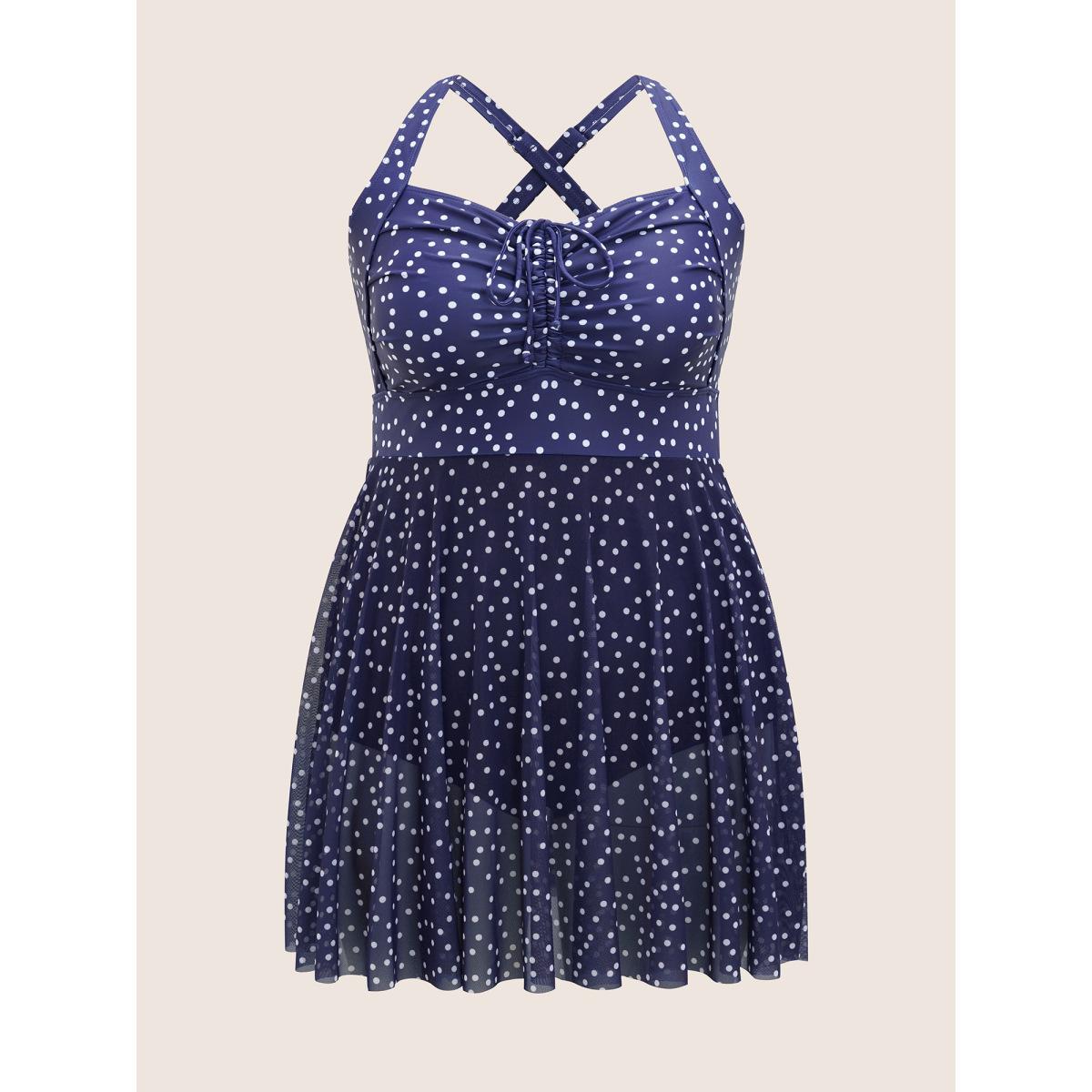 Plus Size Polka Dot Drawstring Patchwork See Through Swim Dress Women's Swimwear Indigo Beach Bodycon Heart neckline High stretch Curve Swim Dresses BloomChic 18-20/2X Product Image