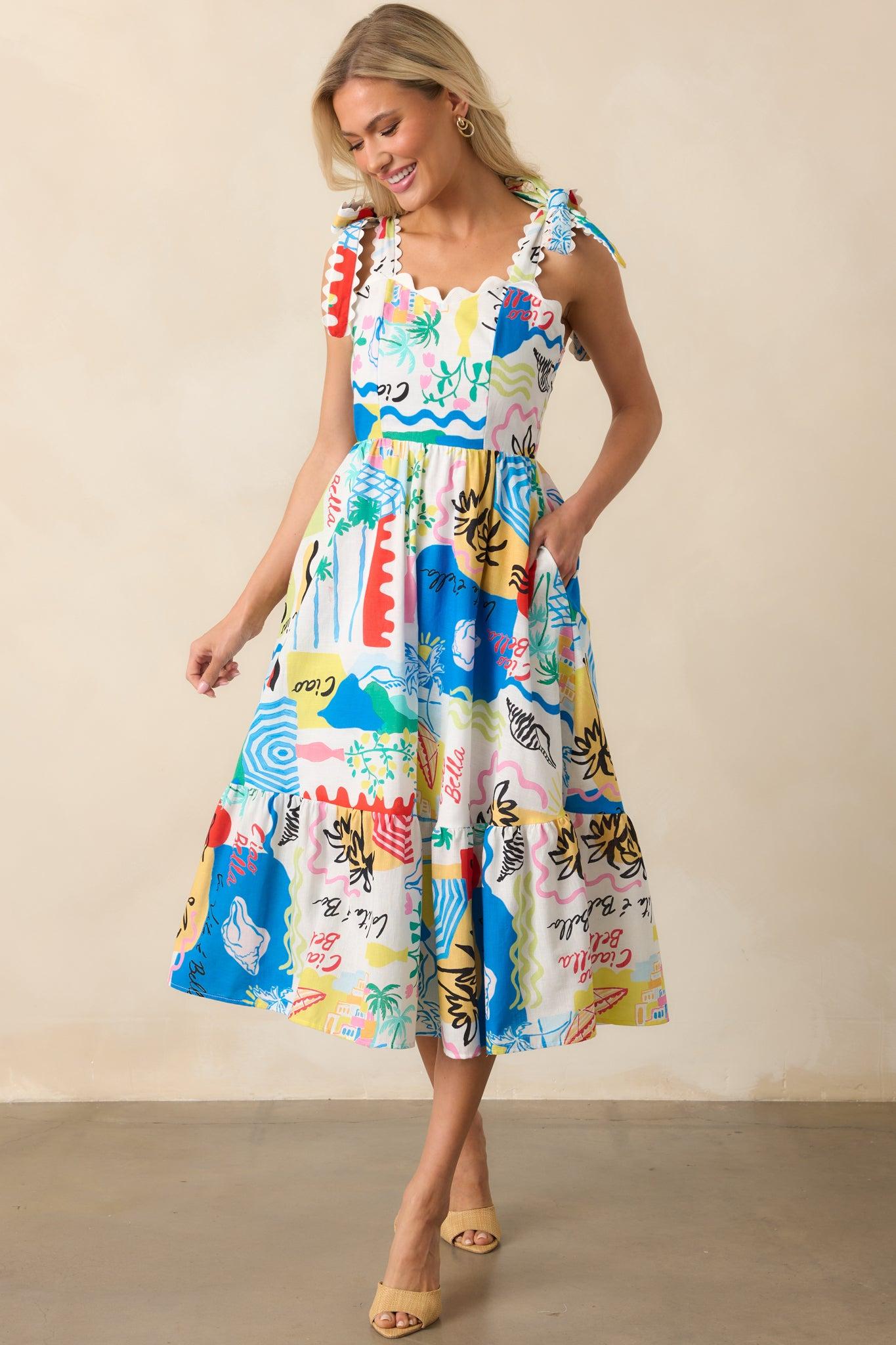 Prosperina Francesca Multi Tropical Print Linen Midi Dress Product Image