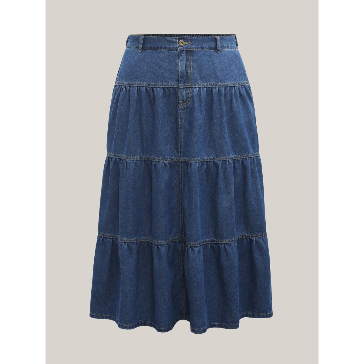 Plus Size Seamed Tiered A-Line Denim Maxi Skirt Women Darkindigo Vacation No stretch Medium Wash 18/2X Slanted pocket Denim Skirts BloomChic Product Image