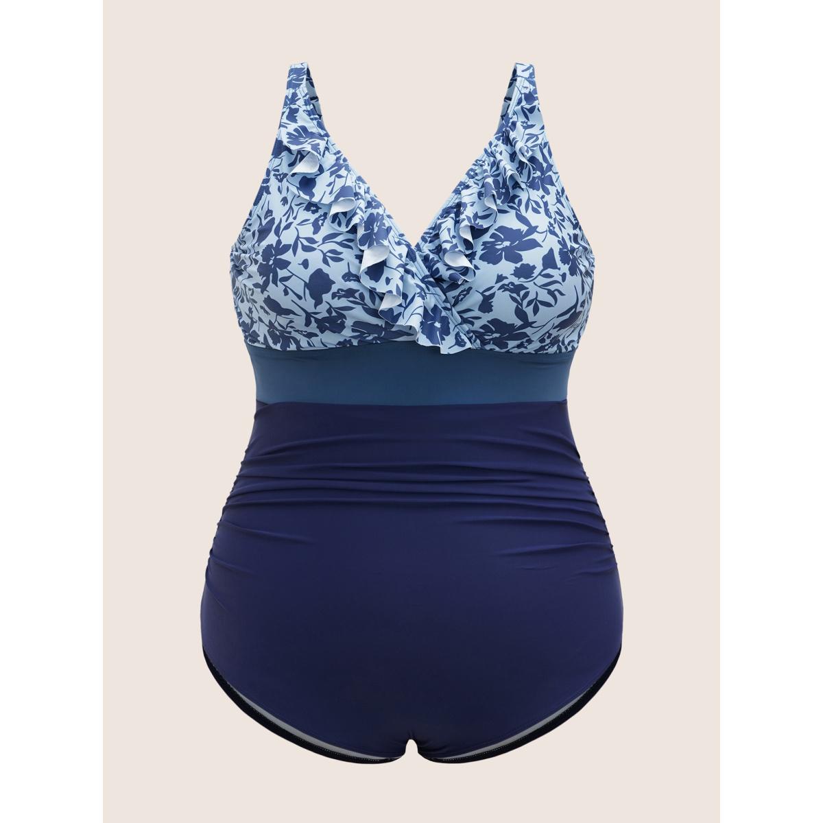 Plus Size Silhouette Floral Print Patchwork Ruffles One Piece Swimsuit Women's Swimwear Indigo Beach Gathered Curve Bathing Suits High stretch One Pieces BloomChic 30/6X Product Image